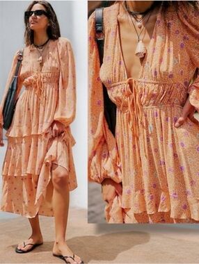 Free People Peach Floral Tiered Maxi Dress Tried  And True Size Large Boho